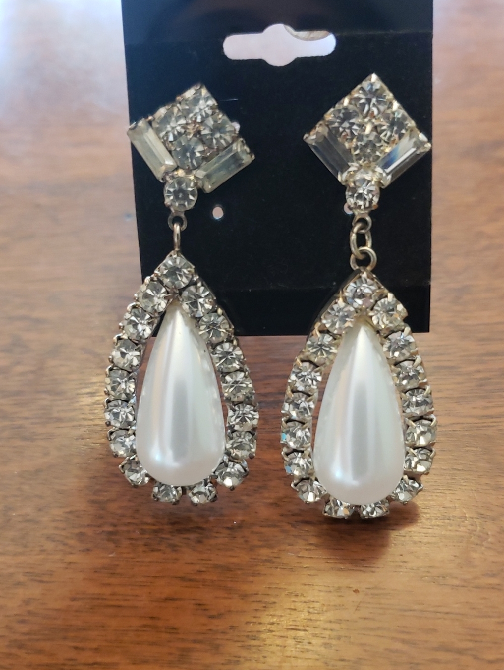 Pearl Teardrop Rhinestone Drop Earrings - Approx 2.25" Drop